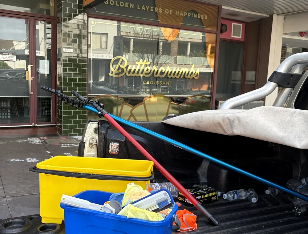 Window cleaning equipment outside Buttercrumbs Croissant