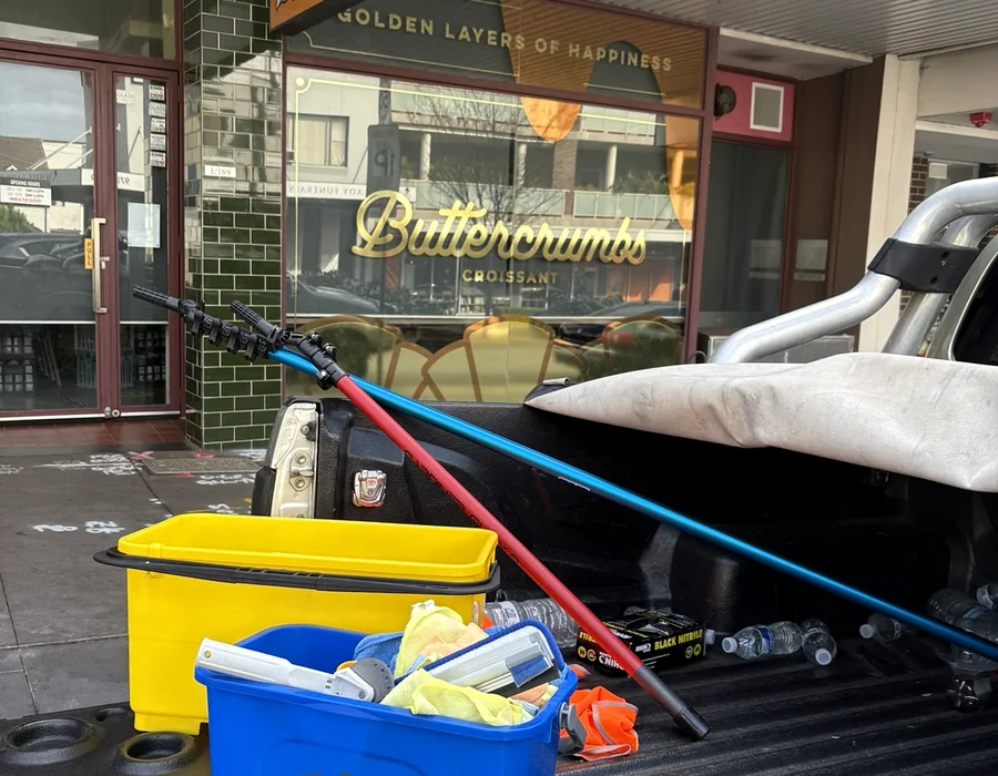 Commercial premises window cleaning equipment outside Buttercrumbs